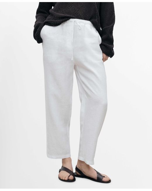 Mango White Straight Linen-blend Pants