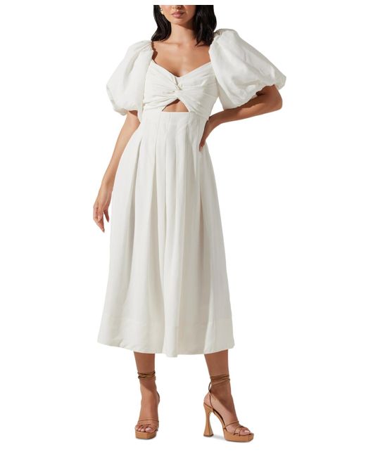 Astr White Serilda Puff-sleeve Midi Dress