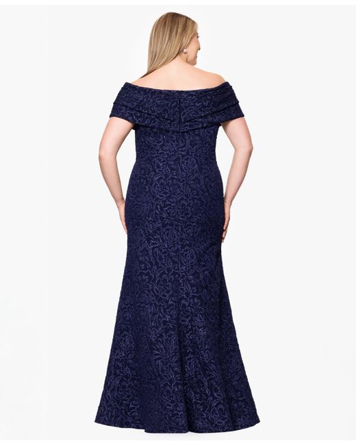 Betsy & Adam Blue Plus Size Off-the-shoulder Jacquard Dress
