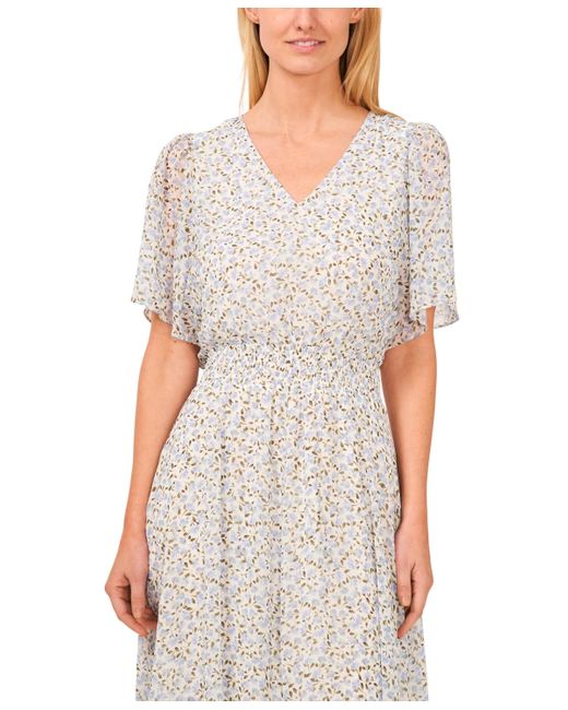 Cece White Floral Print Flutter Sleeve Maxi Dress