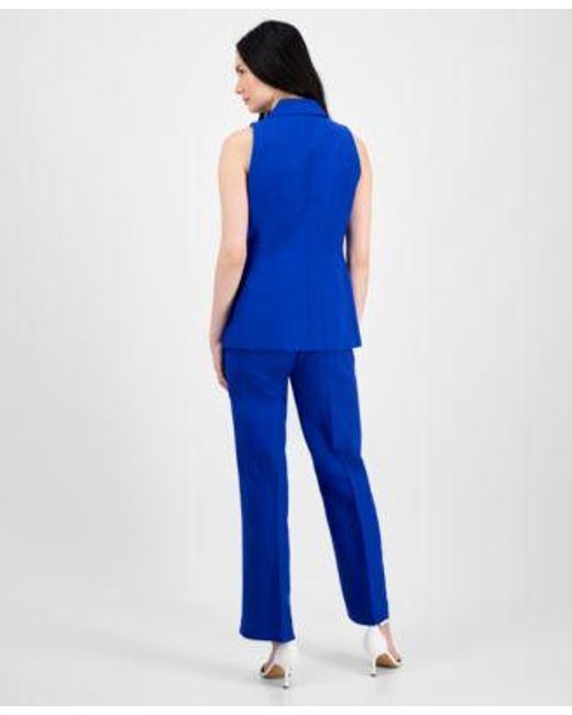 Anne Klein Blue Sleeveless Notched Collar Blazer High Rise Side Tab Pull On Pants