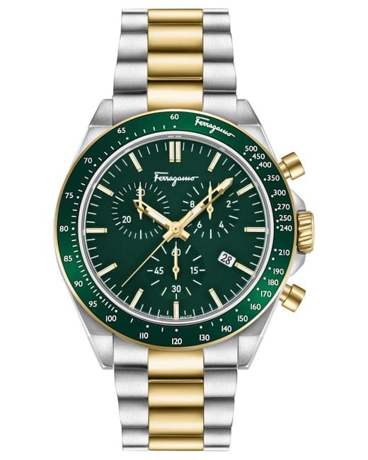 Ferragamo Green Swiss Chronograph Urban Two-tone Stainless Steel Bracelet Watch 43mm for men