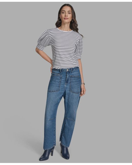 BCBGMAXAZRIA Blue Short Sleeve Stripe Crewneck Top