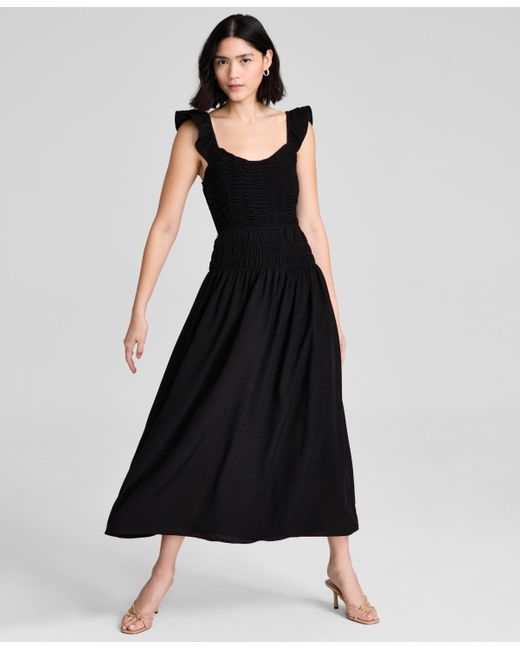 And Now This Black Flutter-sleeve Smocked Midi Dress