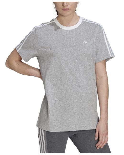 Adidas Gray Essentials 3 Striped Boyfriend Tee