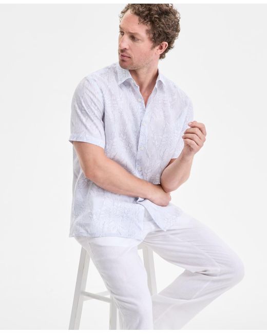 Club Room White Elevated Line Regular-fit Tropical-print Button-down Linen Shirt for men