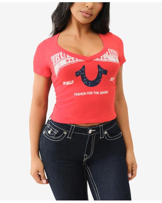 TRUE RELIGION Women's Red Crystal Logo V-neck Baby T-shirt