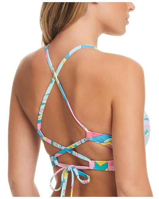 Jessica Simpson Blue Lattice-trim Strappy-back Bikini Top