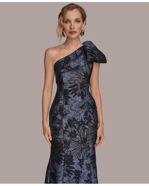 Donna Karan Blue Jacquard Bow-trim One-shoulder Gown