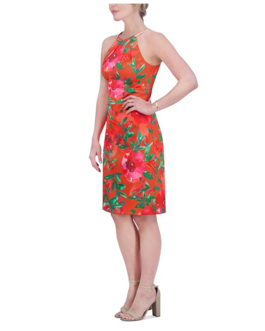Eliza J Red Floral-print Halter Sheath Dress