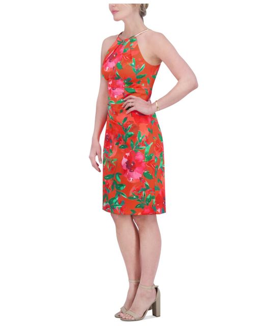 Eliza J Floral print Halter Sheath Dress in Red Lyst