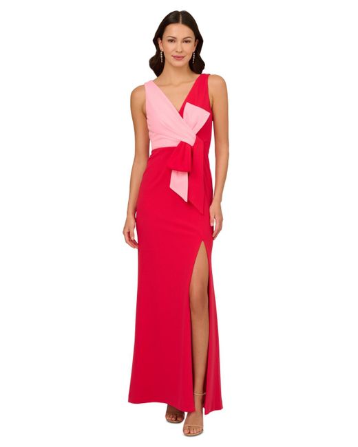 Adrianna Papell Red V-neck Colorblocked Sleeveless Gown