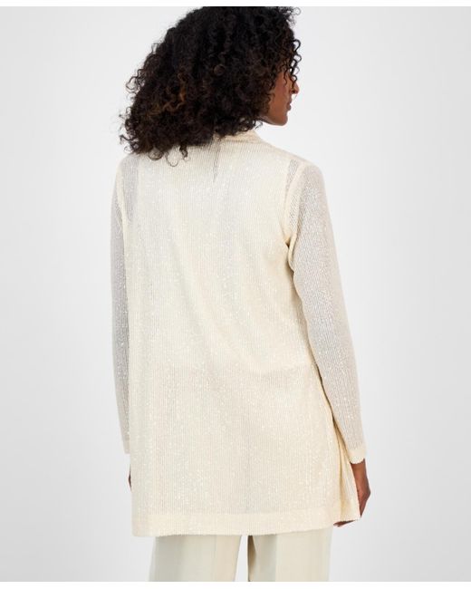 Anne Klein White Sequin Open-front Long-sleeve Cardigan
