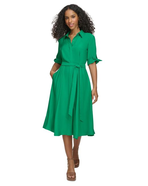 Calvin Klein Green Petite Tie-front Short-sleeve Tie-waist Dress