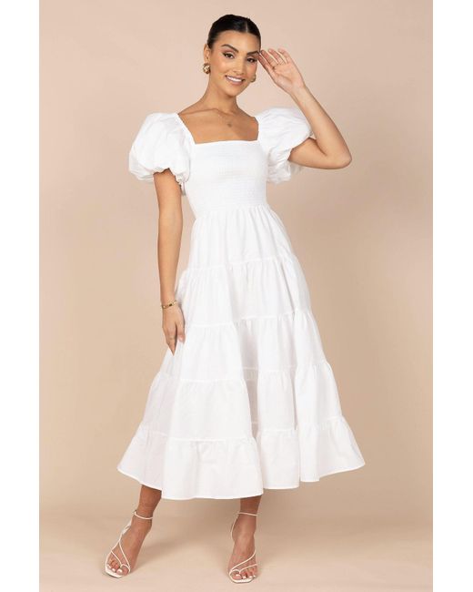 Petal & Pup Natural Annette Puff Sleeve Shirred Midi Dress