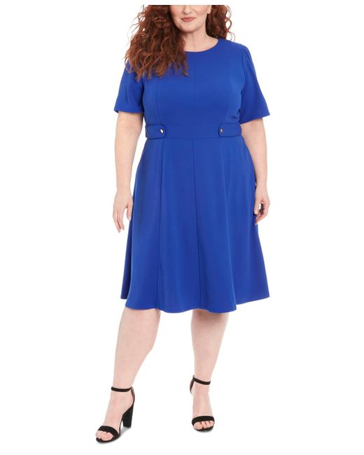 London Times Blue Plus Size Fit & Flare Scuba Crepe Midi Dress