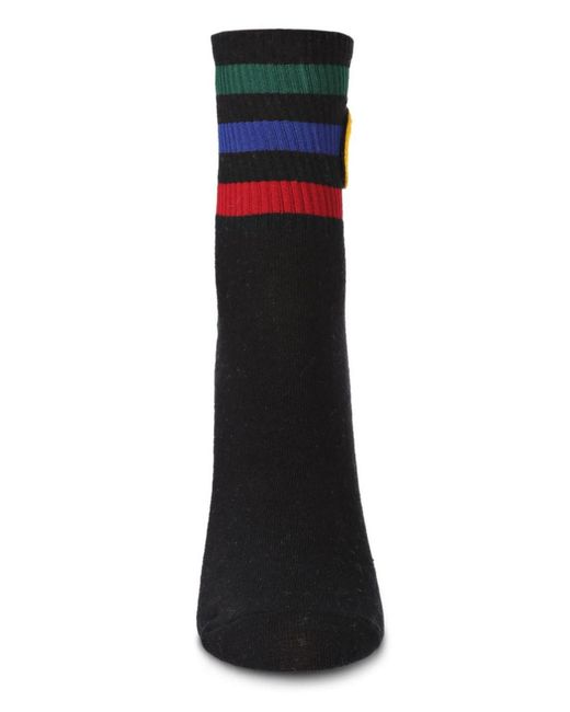 Memoi Black Smiley Terry Patch Stripe Crew Socks