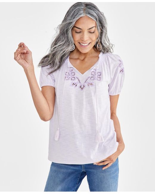 Style & Co. White Petite Sandy Embroidery Vacay Top