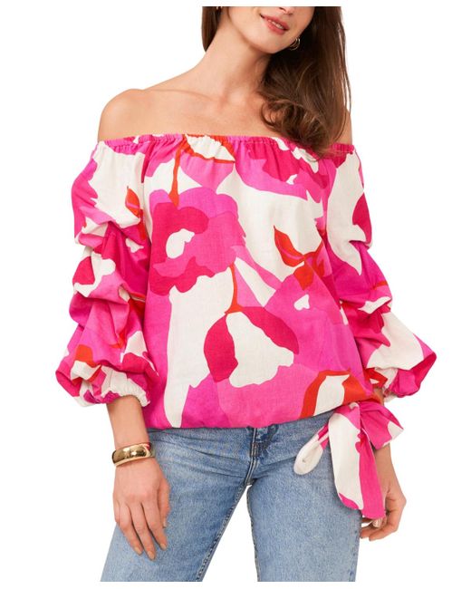 Vince Camuto Red Printed Off The Shoulder Bubble Sleeve Tie Front Blouse