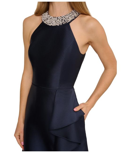 Adrianna Papell Blue Embellished Halter Ball Gown