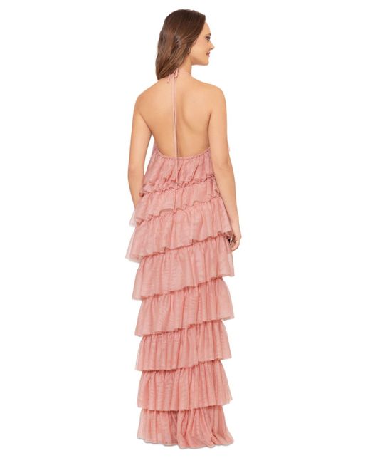 Betsy & Adam Pink Layered Ruffle Halter Gown