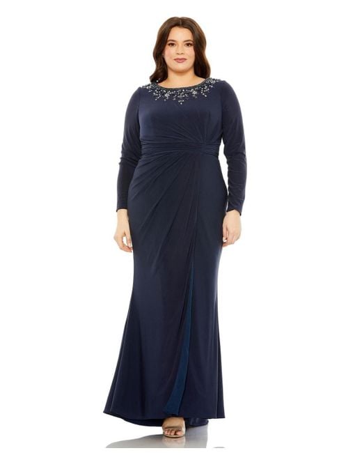 Mac Duggal Blue Plus Size Long Sleeve Embellished Neckline Jersey Gown