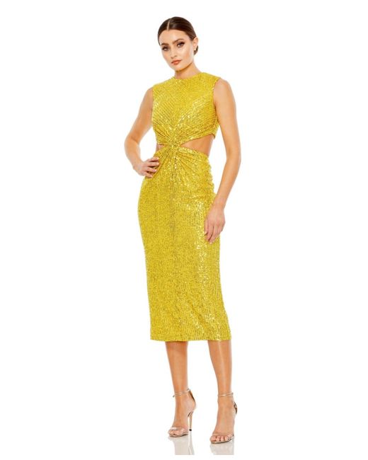 Mac Duggal Yellow Ieena Sequin Front Twist Cut Out Column Dress