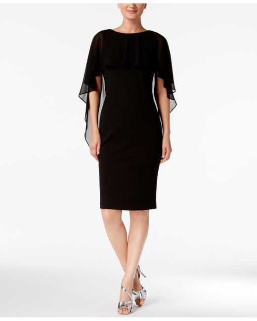 Calvin Klein Black Chiffon Cape-sleeve Sheath Dress