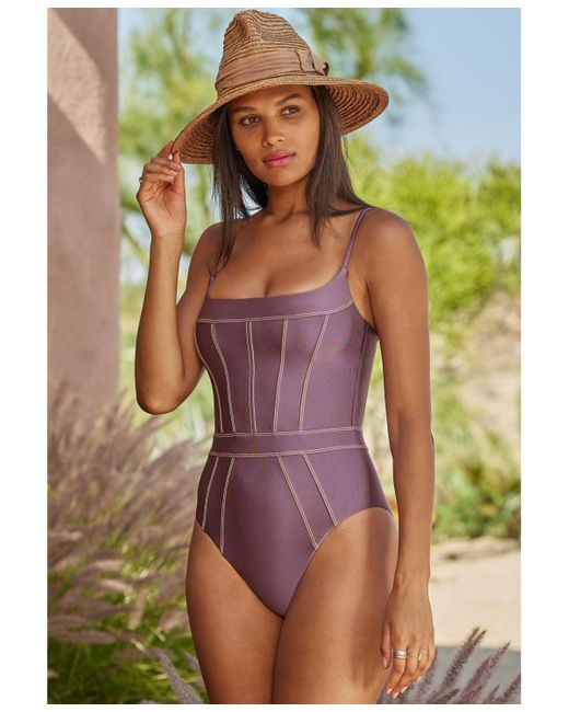 Becca Purple Stretch-satin Seamed One-piece Swimsuit