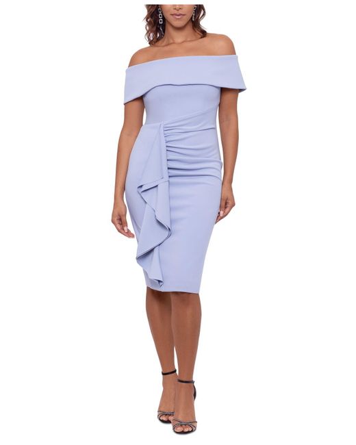 Xscape Synthetic Ruffled Off-the-shoulder Sheath Dress in Sky Blue ...