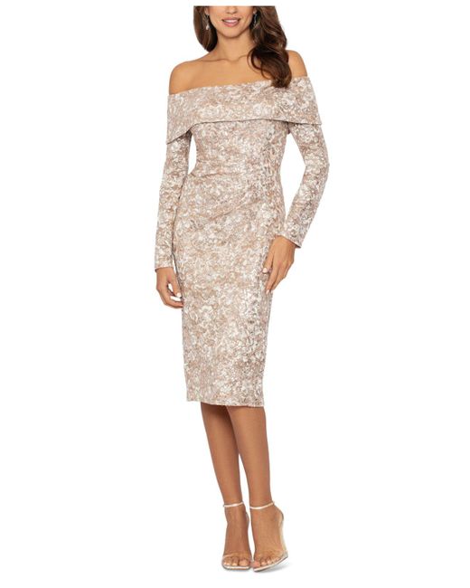 Xscape White Off-the-shoulder Sequinned Lace Sheath Dress