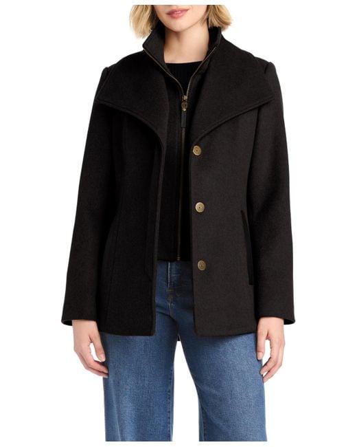 Vince Camuto Black Short Wool Coat With Fixed Bib