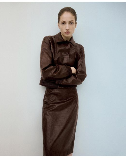 Mango Brown Croc-effect Bomber Jacket