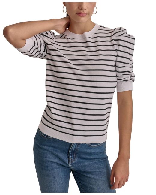 DKNY White Striped Ruched-sleeve Crewneck Top