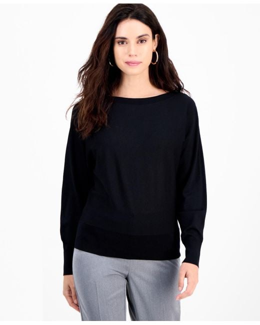INC International Concepts Black Petite Lightweight Boat-neck Pullover
