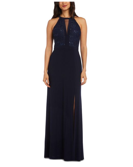 Nightway Blue Petite Lace-trim Illusion Halter Gown