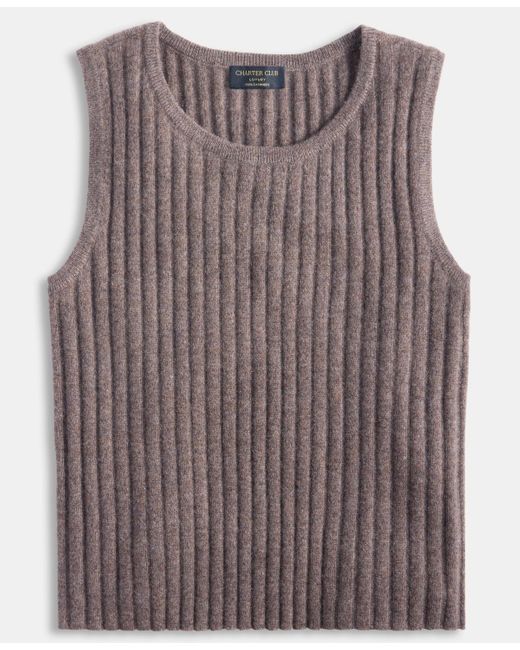 Charter Club Women's Brown Petite Rib-knit Cashmere Crewneck Tank Top