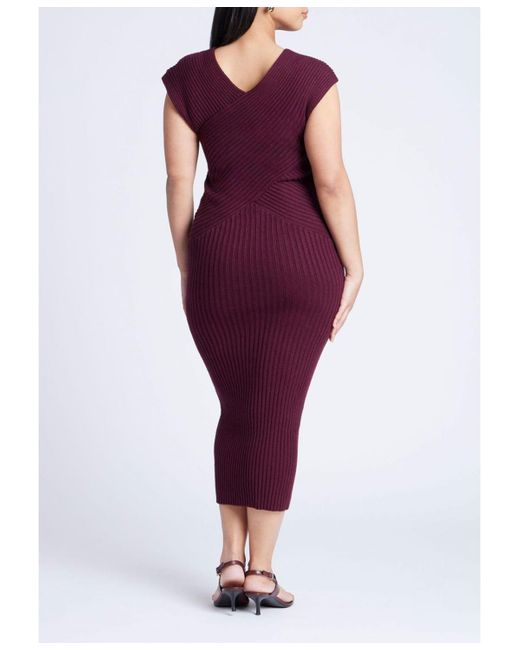 Eloquii Purple Plus Size Cross Front Rib Midi Sweater Dress