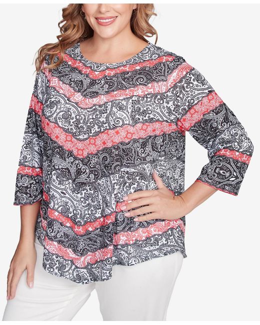 Ruby Rd Gray Plus Size Lace Chevron Sublimation Jersey Scoop Neck Top