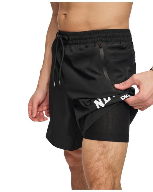 DKNY Black Core Arch Logo Stretch 7" Volley Shorts for men