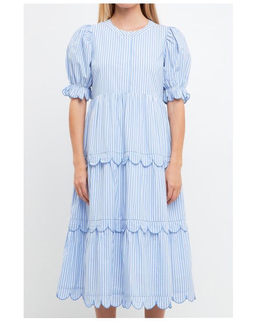 English Factory Blue Stripe Scallop Edge Midi Dress