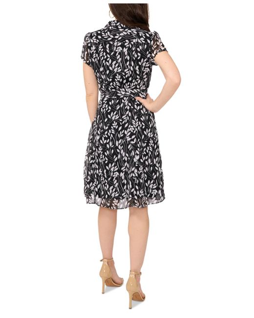 Msk Black Petite Collared Printed Chiffon Fit & Flare Dress