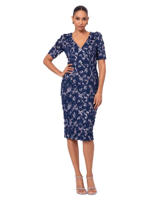 Xscape Blue Petite 3d-flower Short-sleeve Sheath Dress