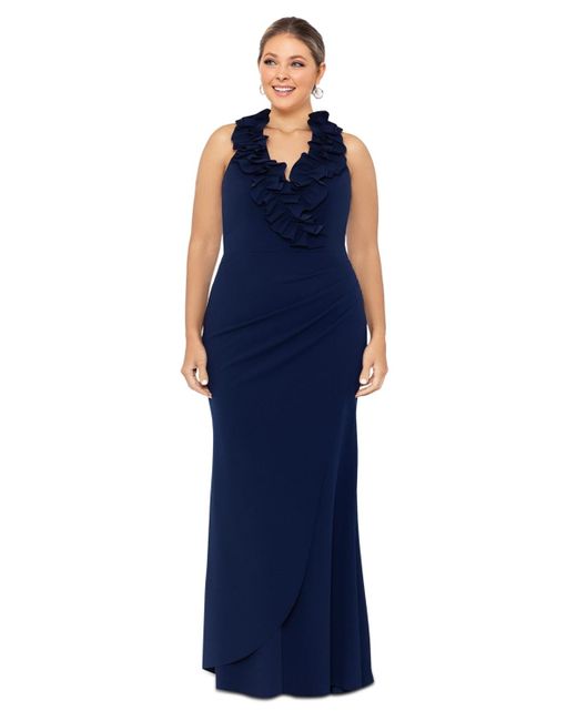 Xscape Blue Plus Size Ruffled Gown