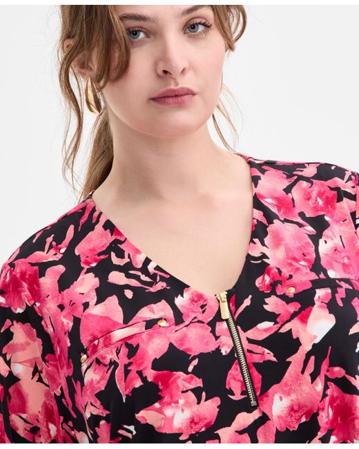 INC International Concepts Red Plus Size Zip-front Long-sleeve Top