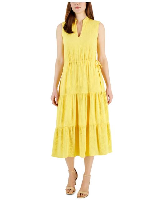 Anne Klein Yellow Split-neck Sleeveless Tiered Midi Dress