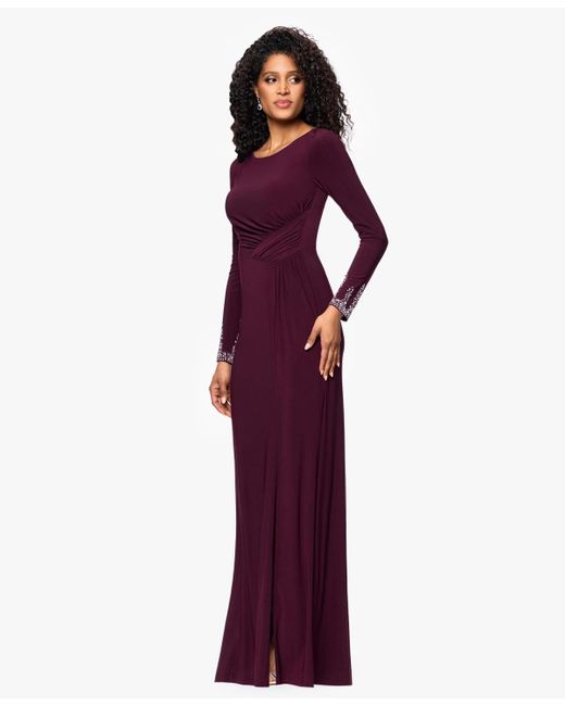 Betsy & Adam Purple Â Long Sleeve Beaded Cuff Dress