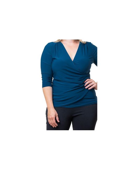 Kiyonna Blue Plus Size Femme Fatale Faux Wrap Top