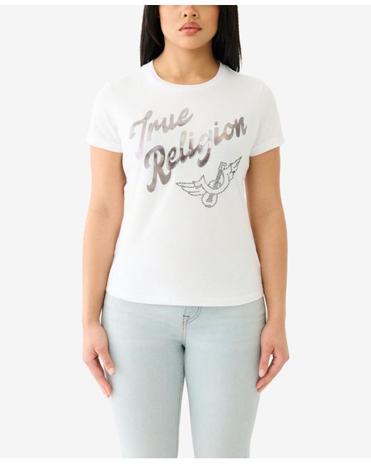 True Religion White Shorts Sleeve Vintage-like Foil Crewneck T-shirt