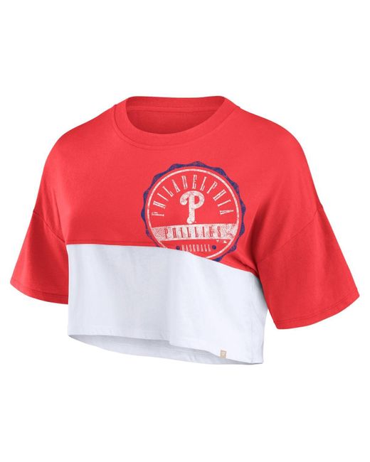 Fanatics Branded Red/white Philadelphia Phillies Color Split Boxy Cropped T-shirt